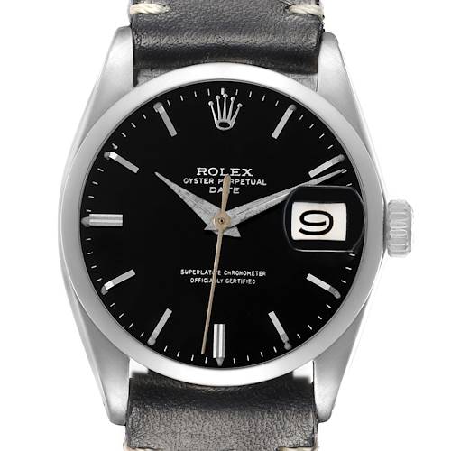 The image shows a frontal view of the Rolex Date 1500 Men's Stainless Steel Black Dial model, highlighting the dial, hands, crown, and leather strap.