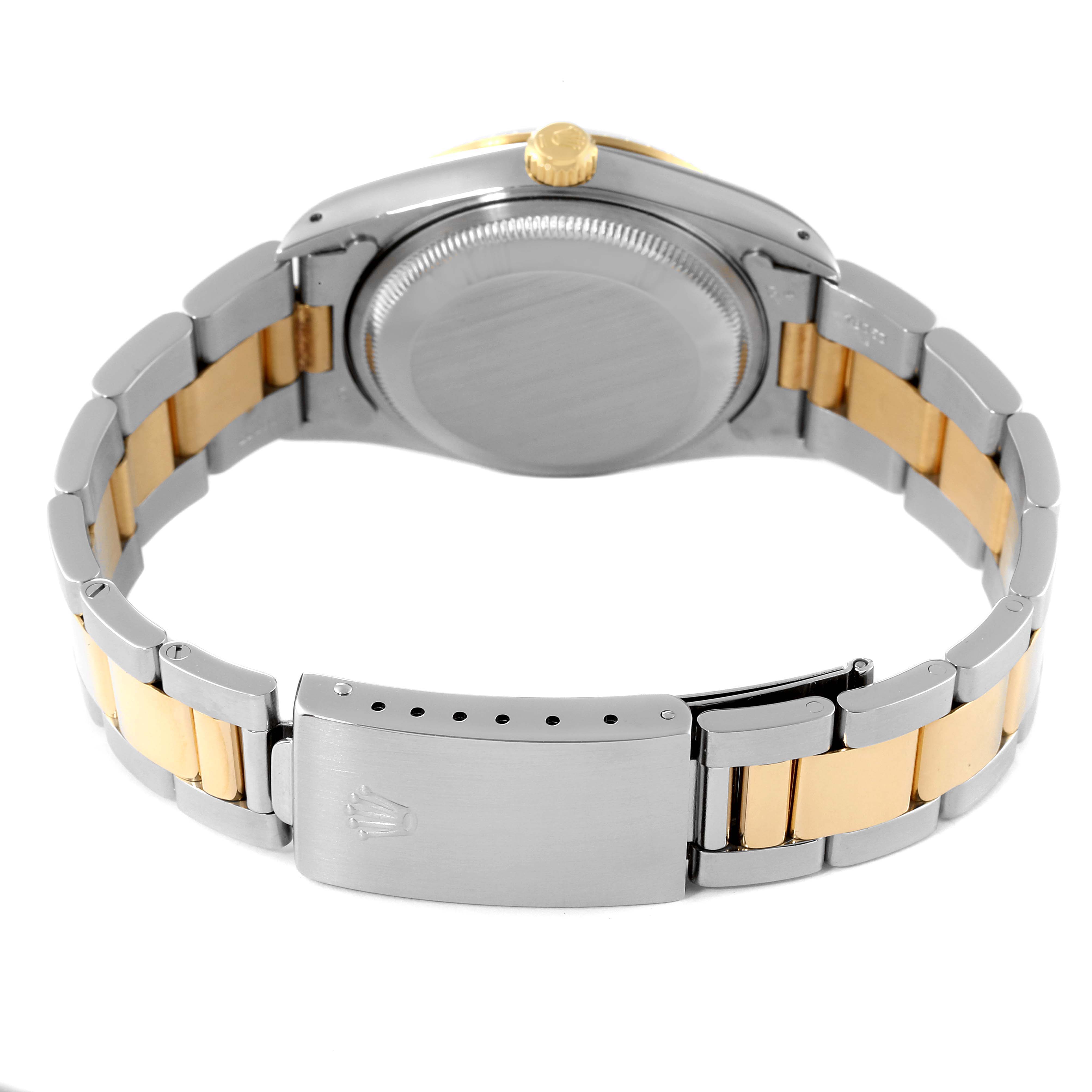 The image shows the back view of a Rolex Date 15223 Men's Steel and Gold (two tone) Champagne Dial 15223 Men's Steel and Gold (two tone) Champagne Dial model watch, highlighting the case back, crown, and two-tone bracelet with clasp.