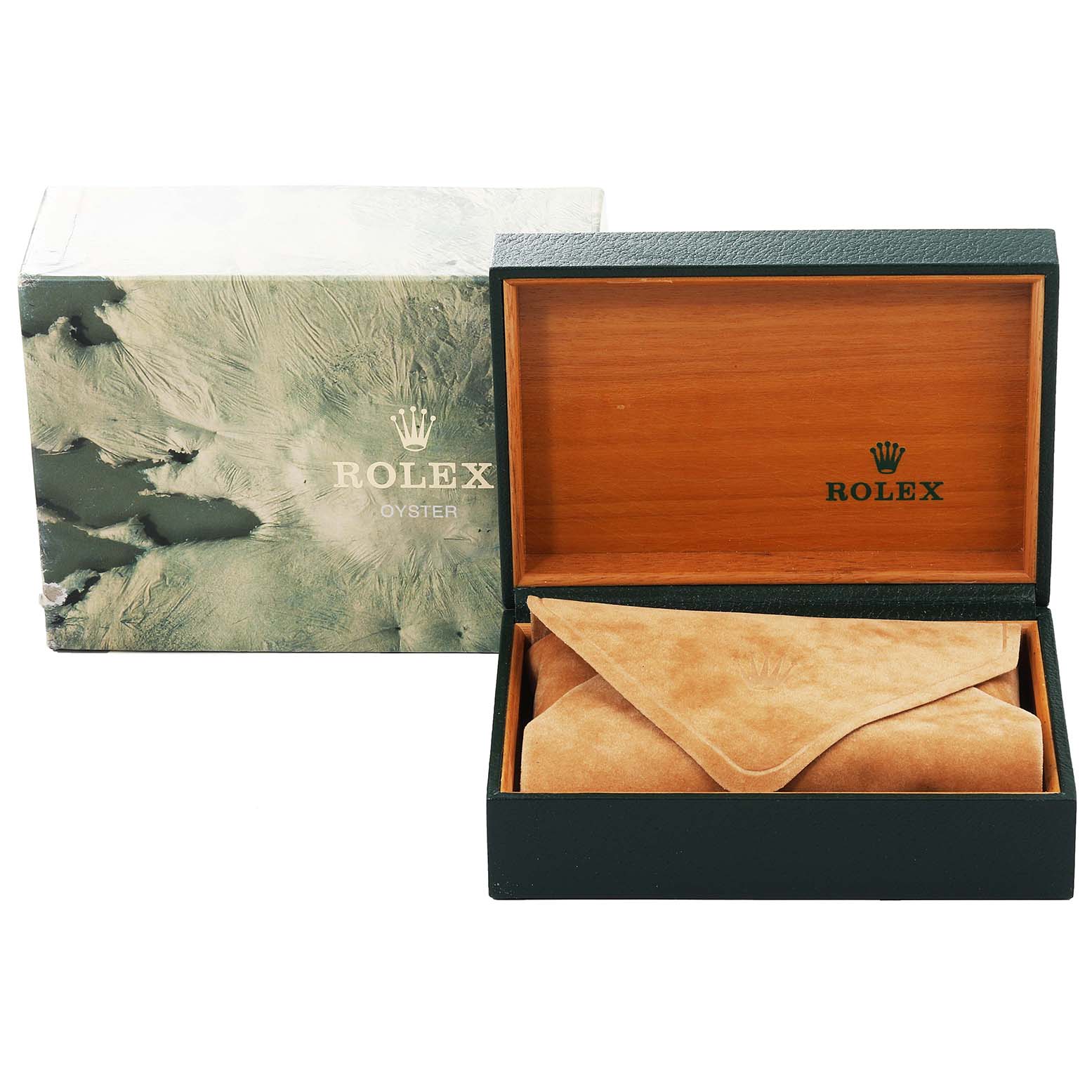 The image shows the box and inner case of a Rolex Date 15223 Men's Steel and Gold (two tone) Champagne Dial 15223 Men's Steel and Gold (two tone) Champagne Dial model watch, with the box open to reveal the watch pouch inside.