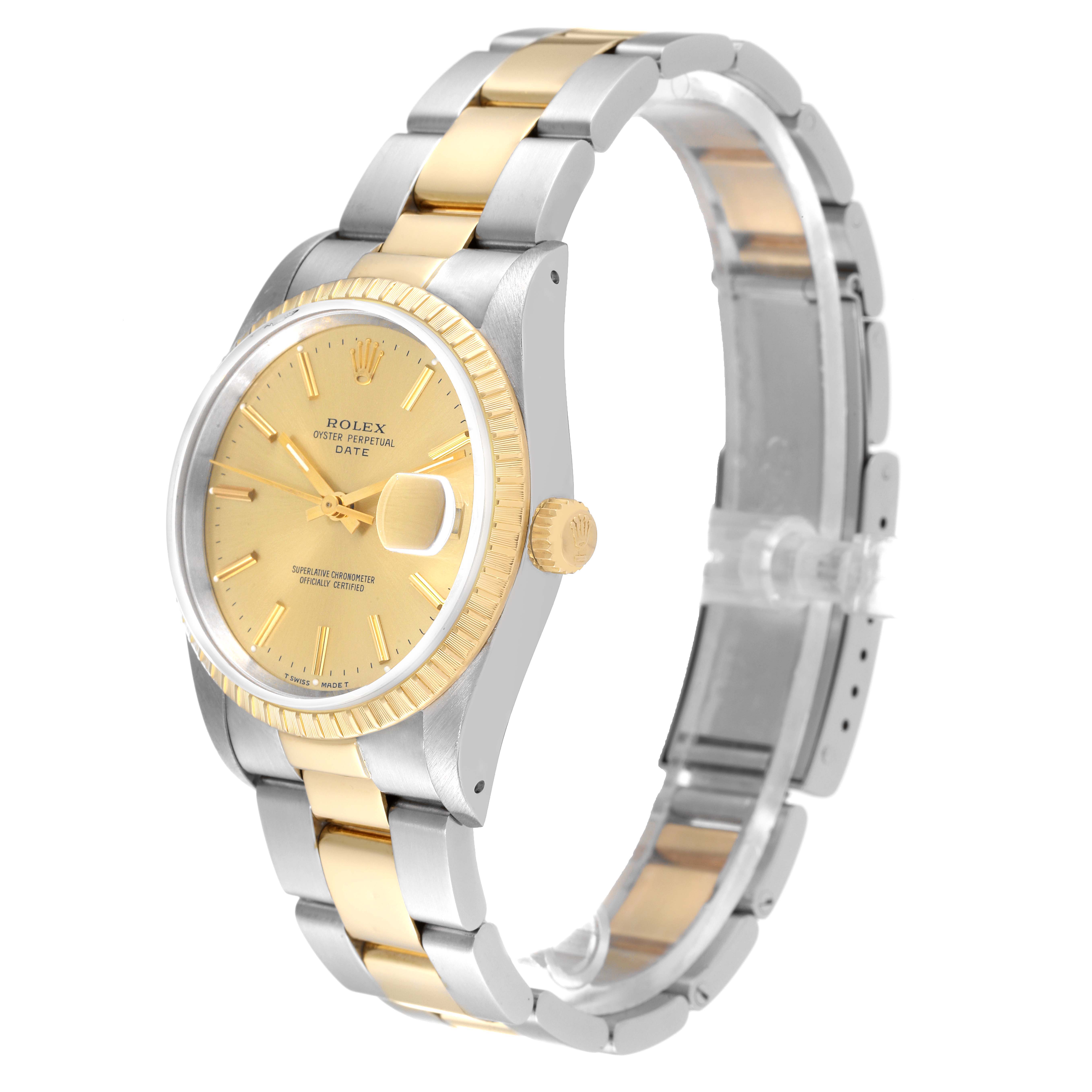 The image shows a side angle of a Rolex Date 15223 Men's Steel and Gold (two tone) Champagne Dial 15223 Men's Steel and Gold (two tone) Champagne Dial model watch, highlighting its face, bracelet, and crown.