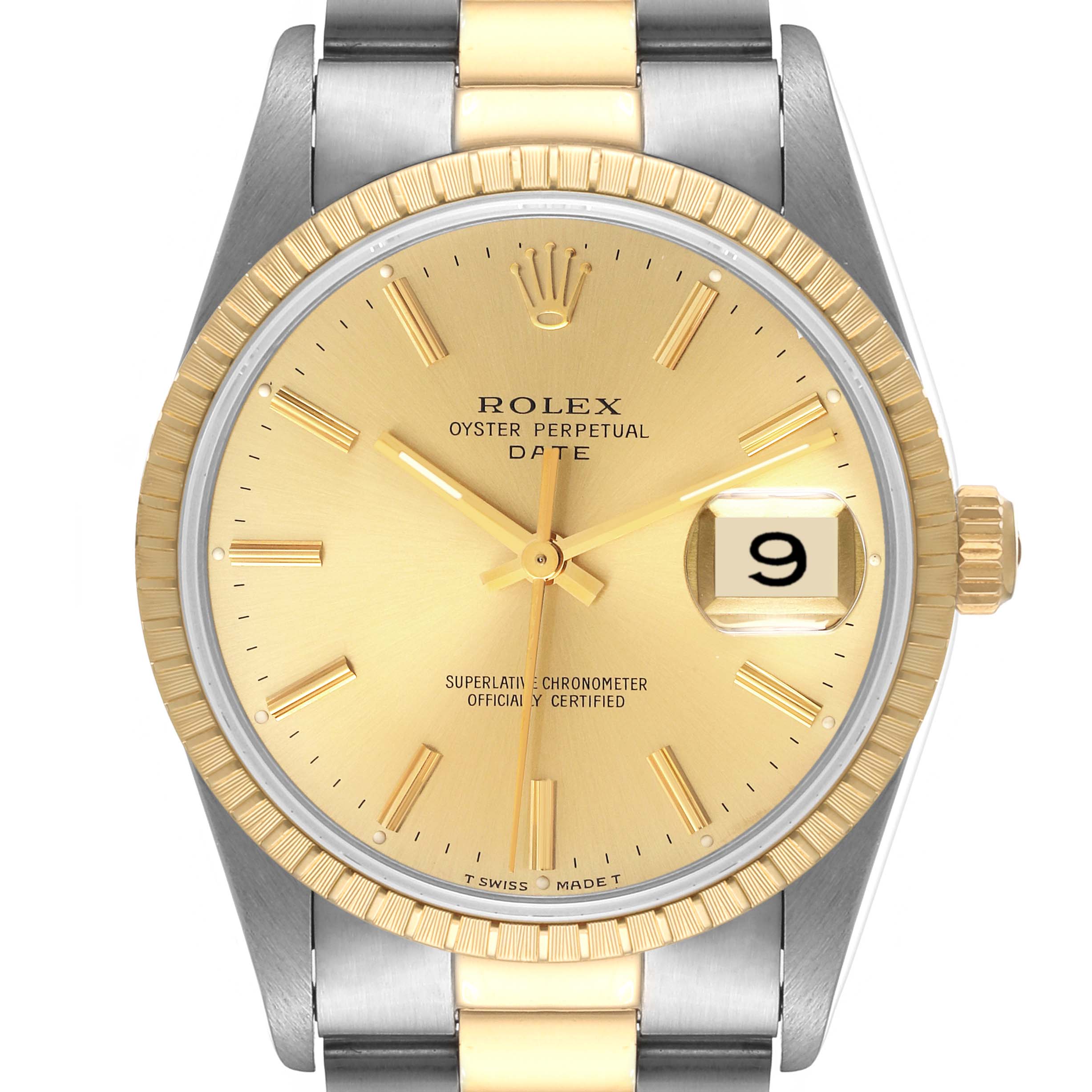 This image shows a front view of a Rolex Oyster Perpetual Date watch, highlighting the dial, hands, date window, case, and part of the bracelet.