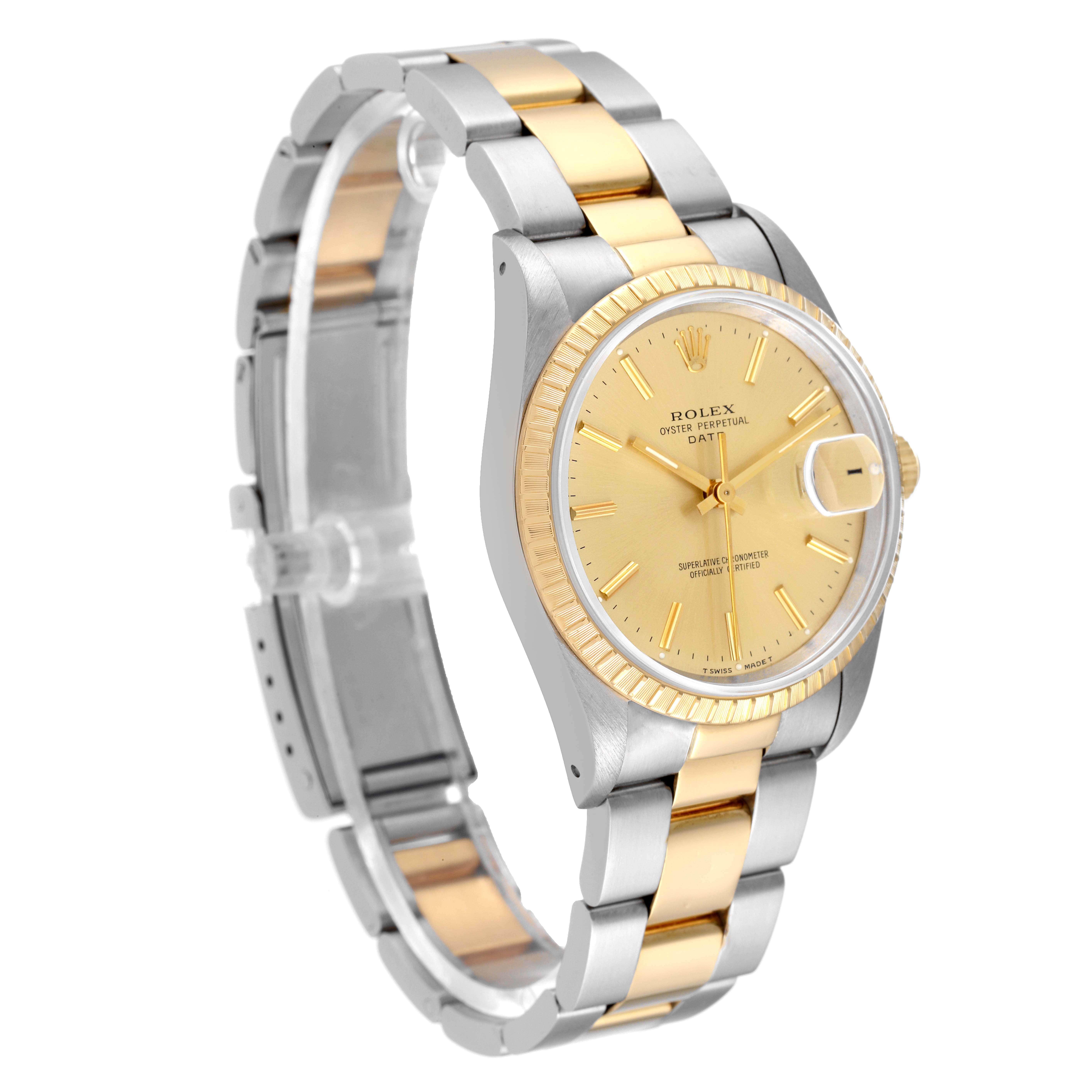 This image shows a side angle of a Rolex Date 15223 Men's Steel and Gold (two tone) Champagne Dial 15223 Men's Steel and Gold (two tone) Champagne Dial model watch highlighting its two-tone bracelet and gold dial.