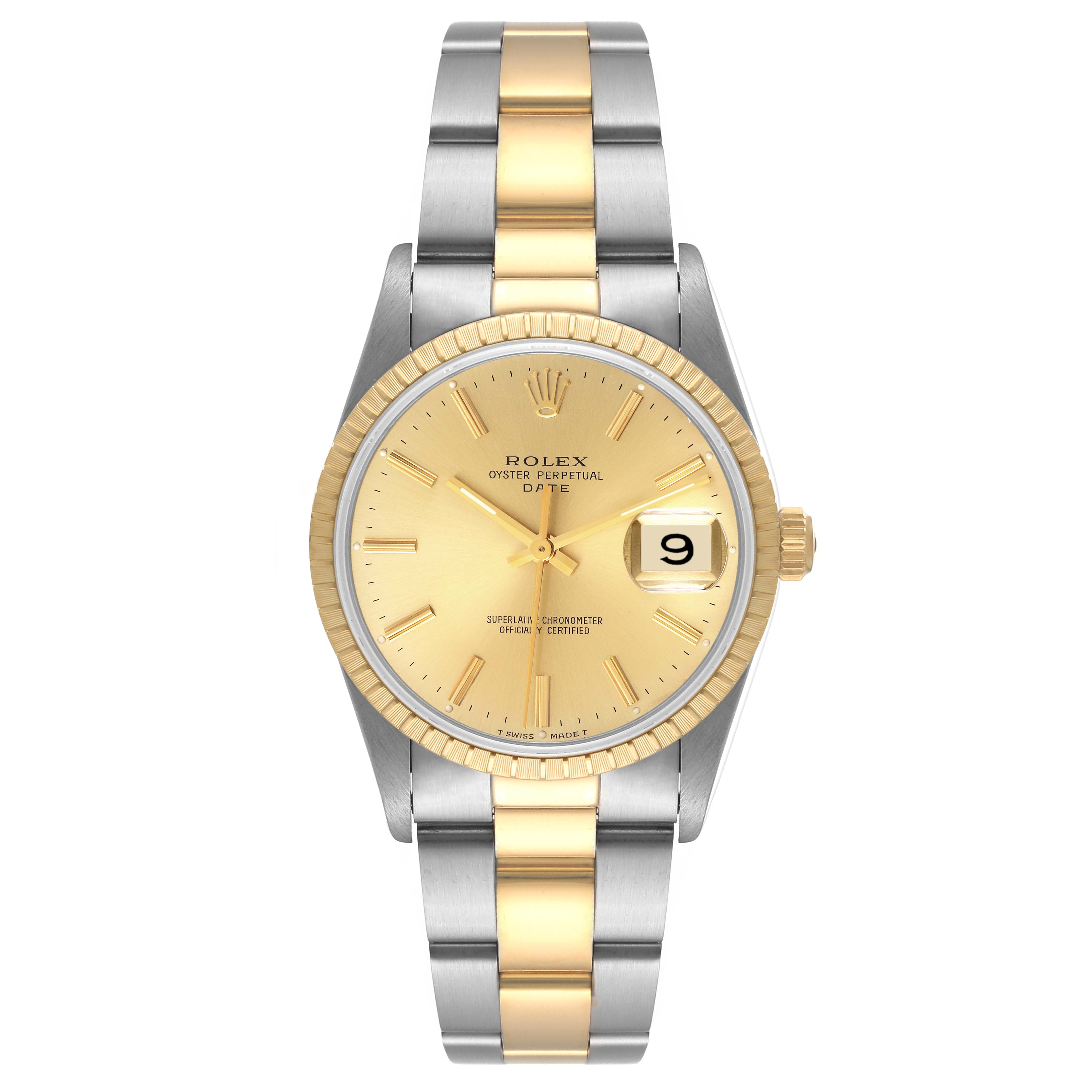 This image shows a front view of a Rolex Date 15223 Men's Steel and Gold (two tone) Champagne Dial 15223 Men's Steel and Gold (two tone) Champagne Dial model watch, highlighting its gold and silver two-tone bracelet, gold dial, and date window.