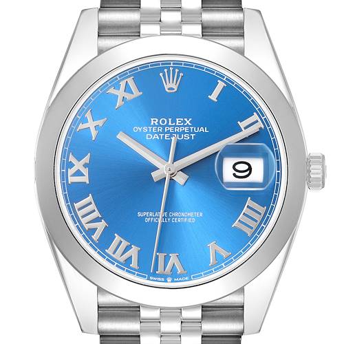 The Rolex Datejust 41 126300 Men's Stainless Steel Blue Dial is shown from the front, highlighting its blue dial, silver Roman numerals, and cyclops lens over the date.