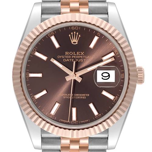 This image shows a front view of a Rolex Datejust 41 126331 Men's Steel and Gold (two tone) Brown Dial 126331 Men's Steel and Gold (two tone) Brown Dial watch, highlighting the dial, two-tone bracelet, and fluted bezel.