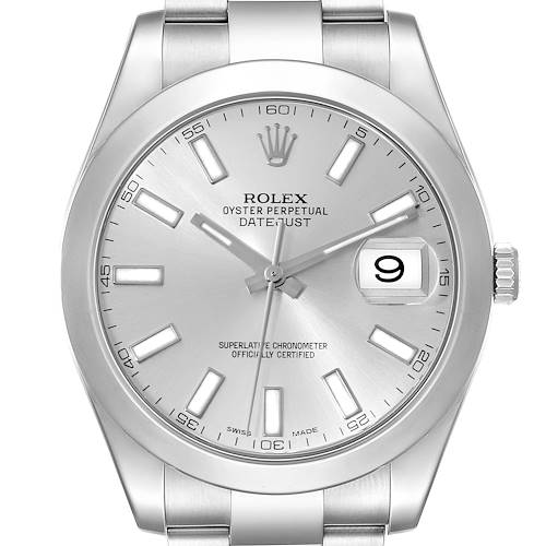 The image shows a front view of the Rolex Datejust 41 116300 Men's Stainless Steel Silver Dial 116300 Men's Stainless Steel Silver Dial watch, highlighting its dial, hour markers, date window, and crown.