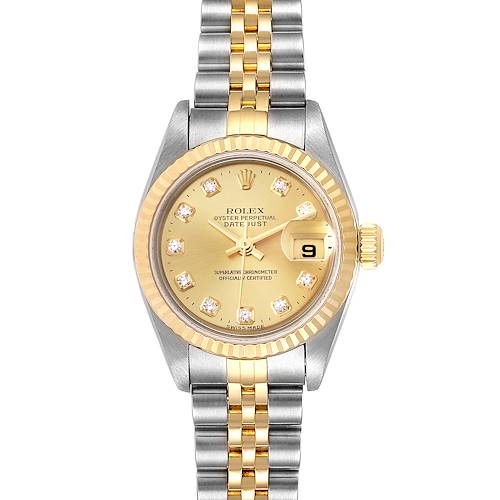The image shows a Rolex Datejust 79173 Women's Steel and Gold (two tone) Champagne Dial 79173 Women's Steel and Gold (two tone) Champagne Dial watch from a front angle, displaying the dial, bezel, and bracelet.