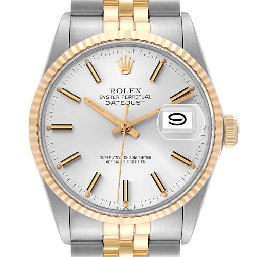 This image shows a frontal view of the Rolex Vintage Collection 16013 Men's Steel and Gold (two tone) Silver Dial 16013 Men's Steel and Gold (two tone) Silver Dial Oyster Perpetual Datejust watch, highlighting its dial, bezel, crown, and bracelet.
