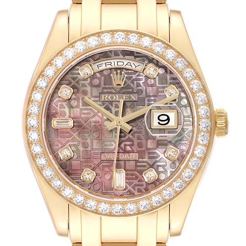 The Rolex Pearlmaster 18948 Men's Yellow Gold Mother of Pearl Dial watch is shown from the front, highlighting its face, gemstone bezel, and bracelet attachment.