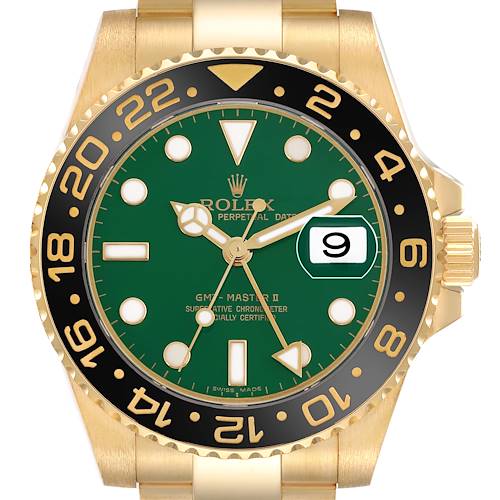 The Rolex GMT-Master 116718 Men's Yellow Gold Green Dial II watch is shown from the front, highlighting the green dial, gold hands, bezel, and the date display at 3 o'clock.