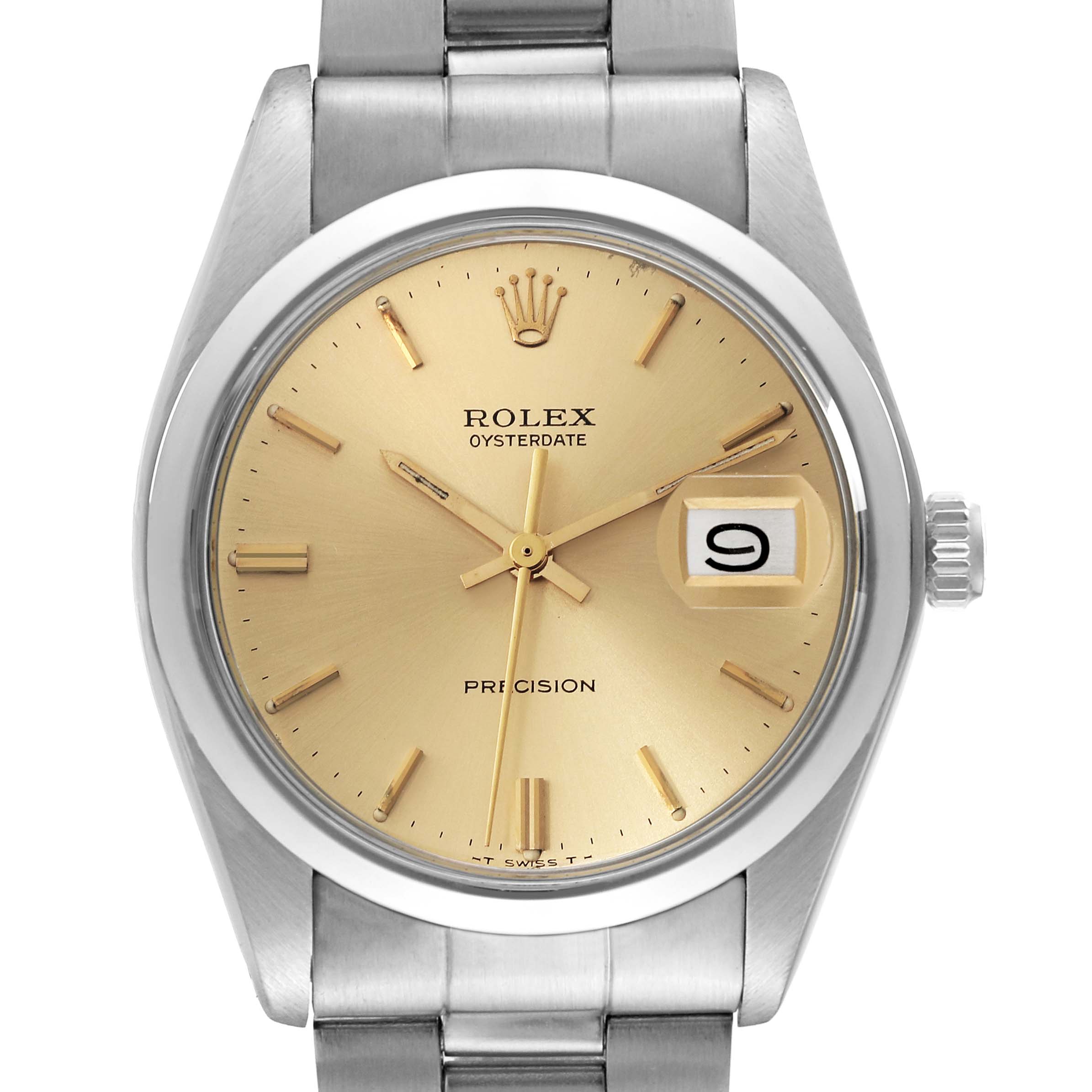 The Rolex Vintage Collection 6694 Men's Stainless Steel Champagne Dial 6694 Men's Stainless Steel Champagne Dial model watch is shown from a front angle, highlighting its gold dial, date window, and stainless steel bracelet.