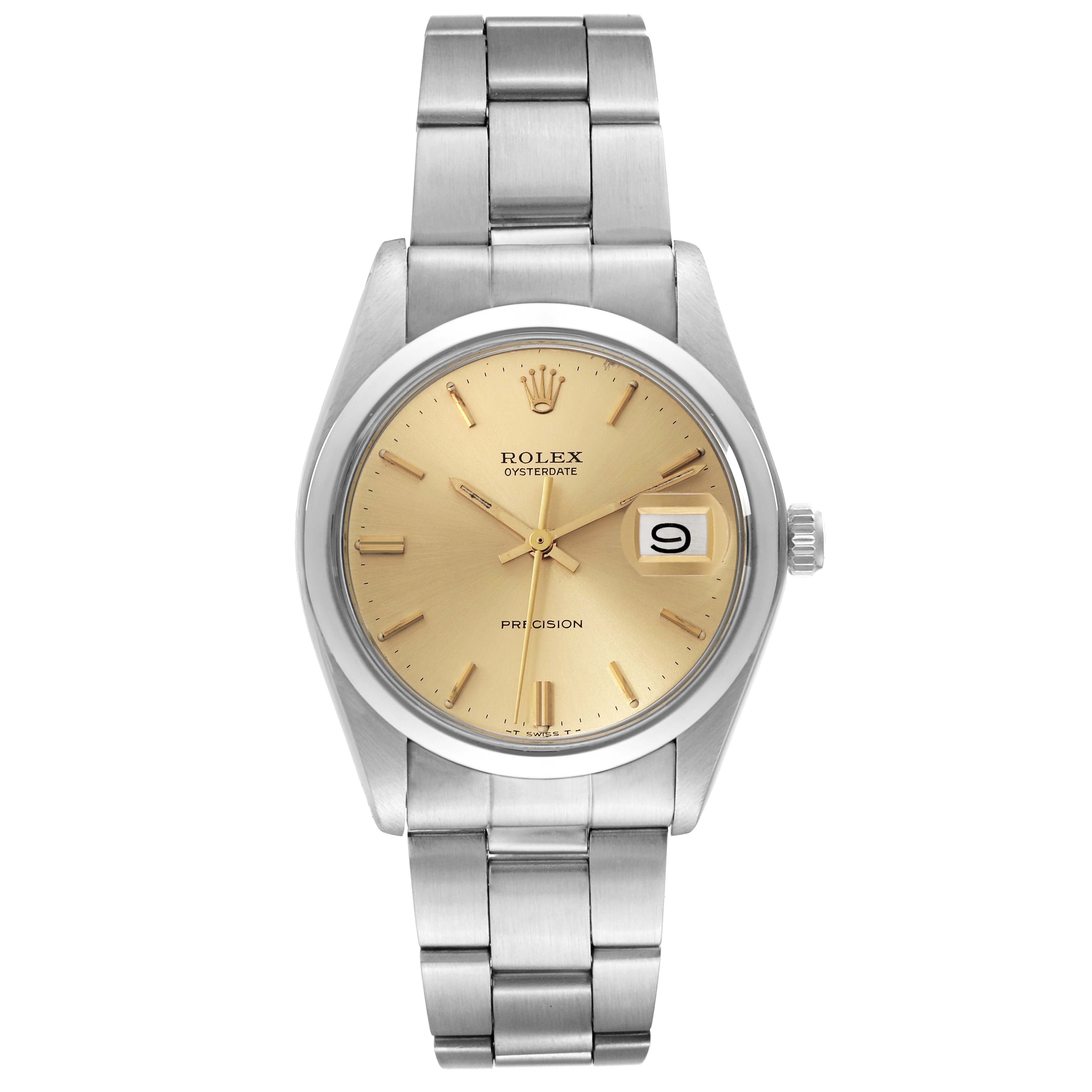 This image shows a full frontal view of a Rolex Vintage Collection 6694 Men's Stainless Steel Champagne Dial 6694 Men's Stainless Steel Champagne Dial watch with a gold dial and metal bracelet.