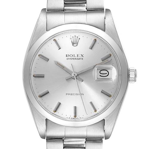 The image shows a front angle view of the face and part of the bracelet of a Rolex Vintage Collection 6694 Men's Stainless Steel Silver Dial 6694 Men's Stainless Steel Silver Dial Oysterdate Precision watch.