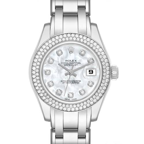 The image shows a frontal view of the Rolex Pearlmaster 80339 Women's White Gold Mother of Pearl Dial 80339 Women's White Gold Mother of Pearl Dial watch, displaying its dial, bezel, and part of its bracelet.
