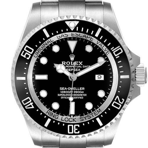 The image shows a frontal view of the Rolex Sea-Dweller 126660 Men's Stainless Steel Black Dial watch, highlighting the dial, bezel, and part of the bracelet.