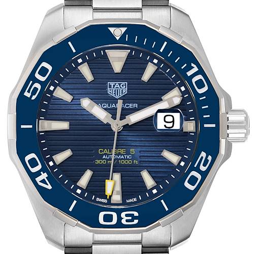 The image shows a close-up frontal view of the Tag Heuer Aquaracer WAY201B Men's Stainless Steel Blue Dial WAY201B Men's Stainless Steel Blue Dial watch face, bezel, and part of the bracelet.
