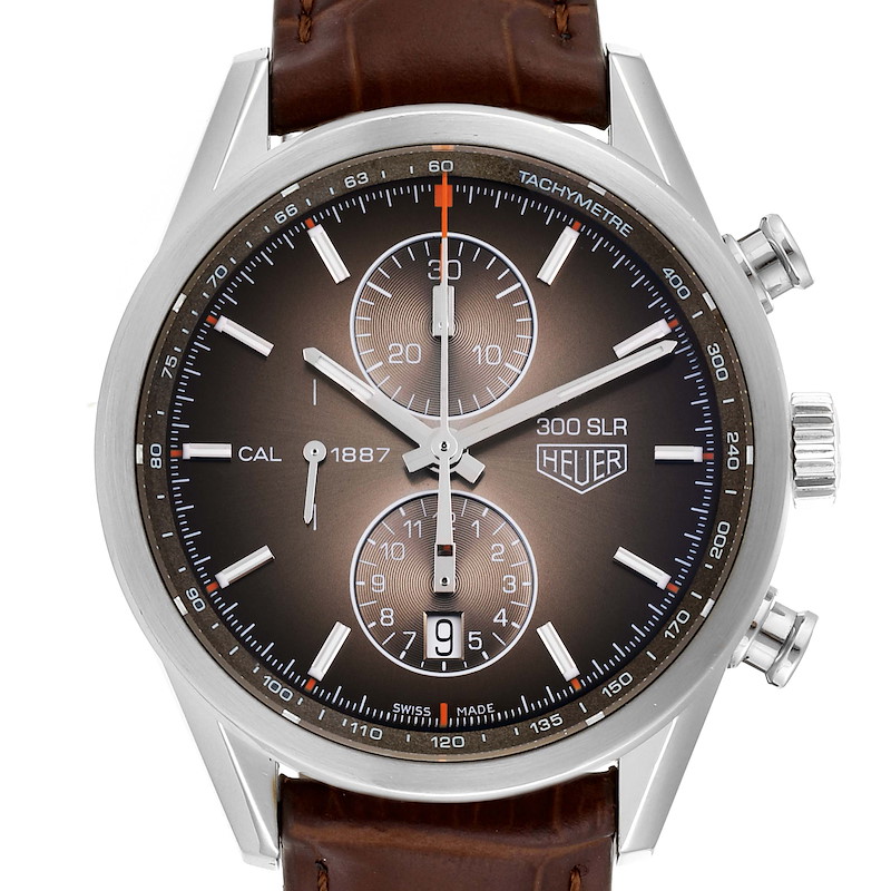 This Tag Heuer Carrera CAR2112.FC6267 Men's Stainless Steel Brown Dial CAR2112.FC6267 Men's Stainless Steel Brown Dial watch is shown from the front, featuring its dial, chronograph subdials, and brown leather strap.