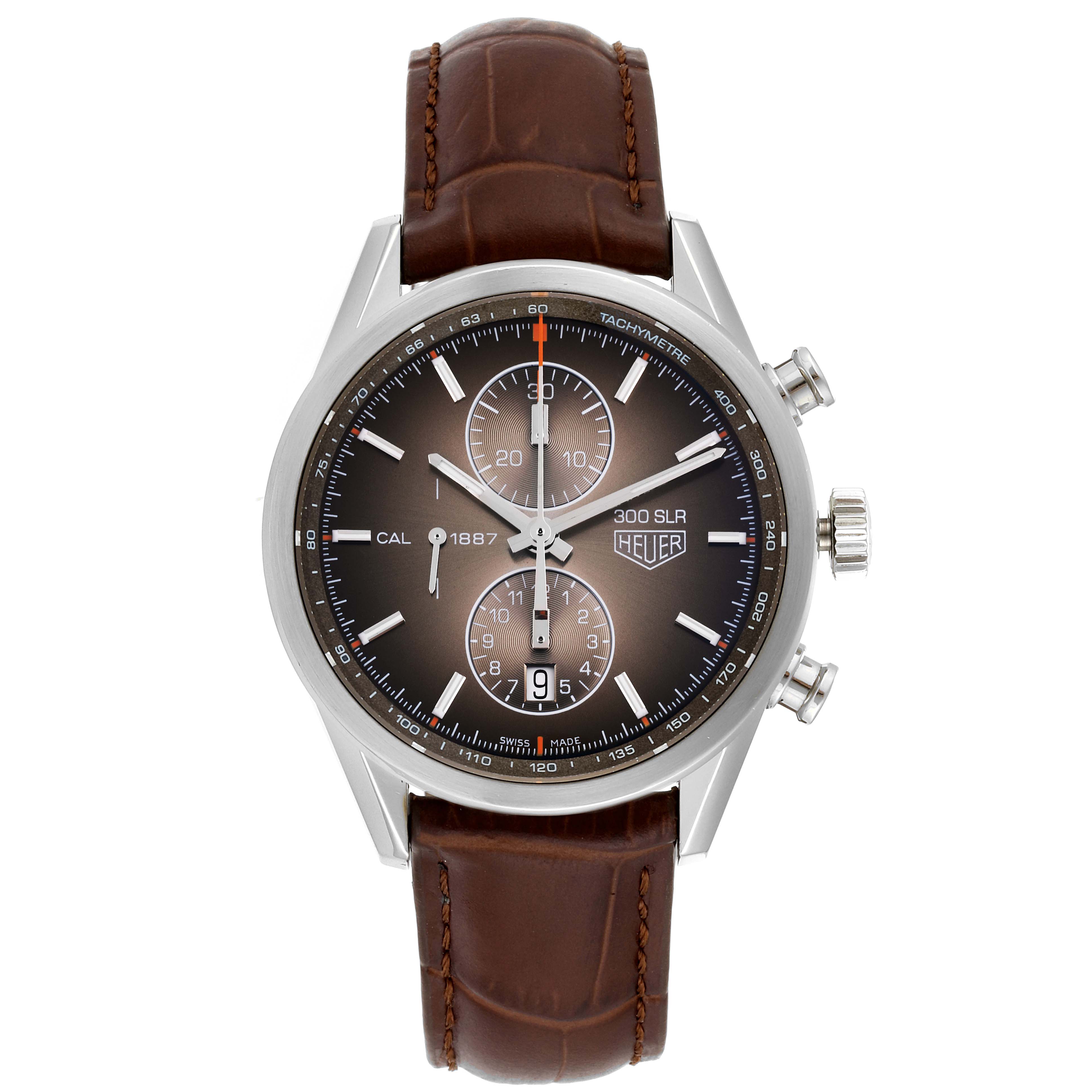 The image shows a front view of the Tag Heuer Carrera CAR2112.FC6267 Men's Stainless Steel Brown Dial CAR2112.FC6267 Men's Stainless Steel Brown Dial watch, highlighting its dial, chronograph subdials, and leather strap.