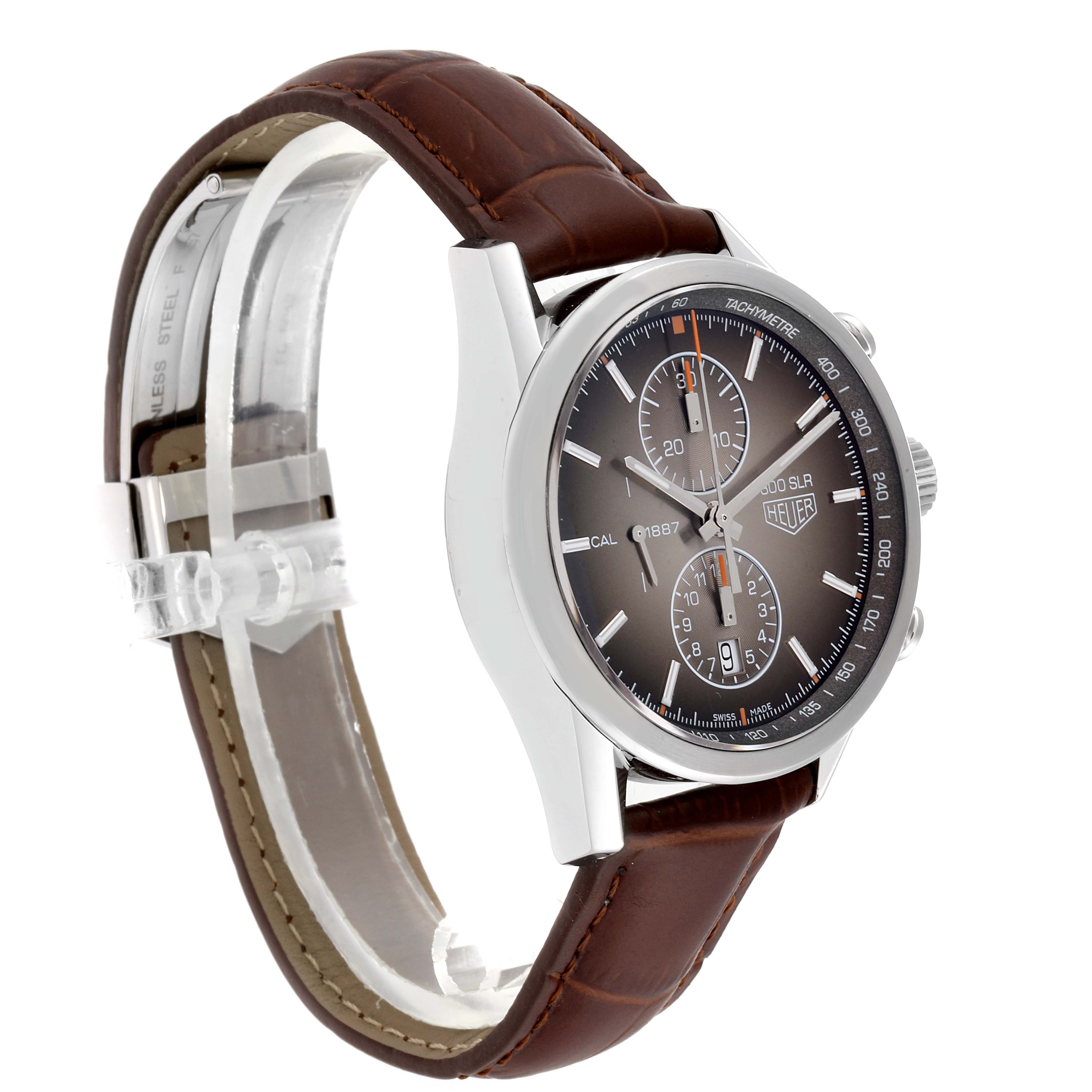 The image shows a side profile and partial front view of a Tag Heuer Carrera CAR2112.FC6267 Men's Stainless Steel Brown Dial CAR2112.FC6267 Men's Stainless Steel Brown Dial watch with a brown leather strap.