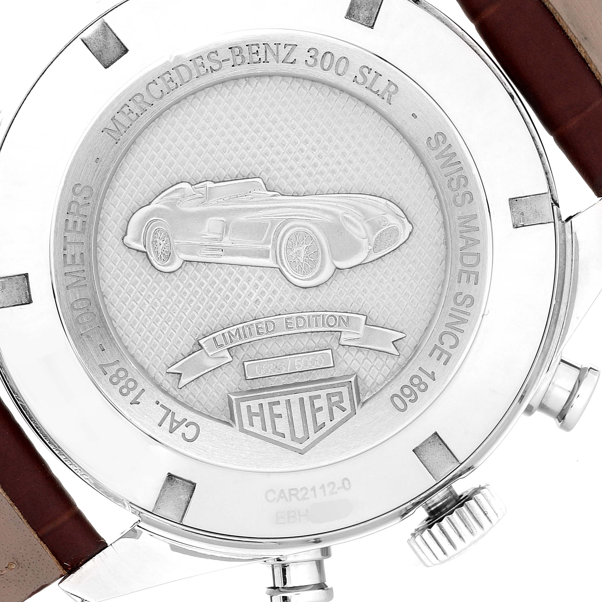 This image shows the back case of a Tag Heuer Carrera CAR2112.FC6267 Men's Stainless Steel Brown Dial CAR2112.FC6267 Men's Stainless Steel Brown Dial watch, highlighting the engraved Mercedes-Benz 300 SLR design.