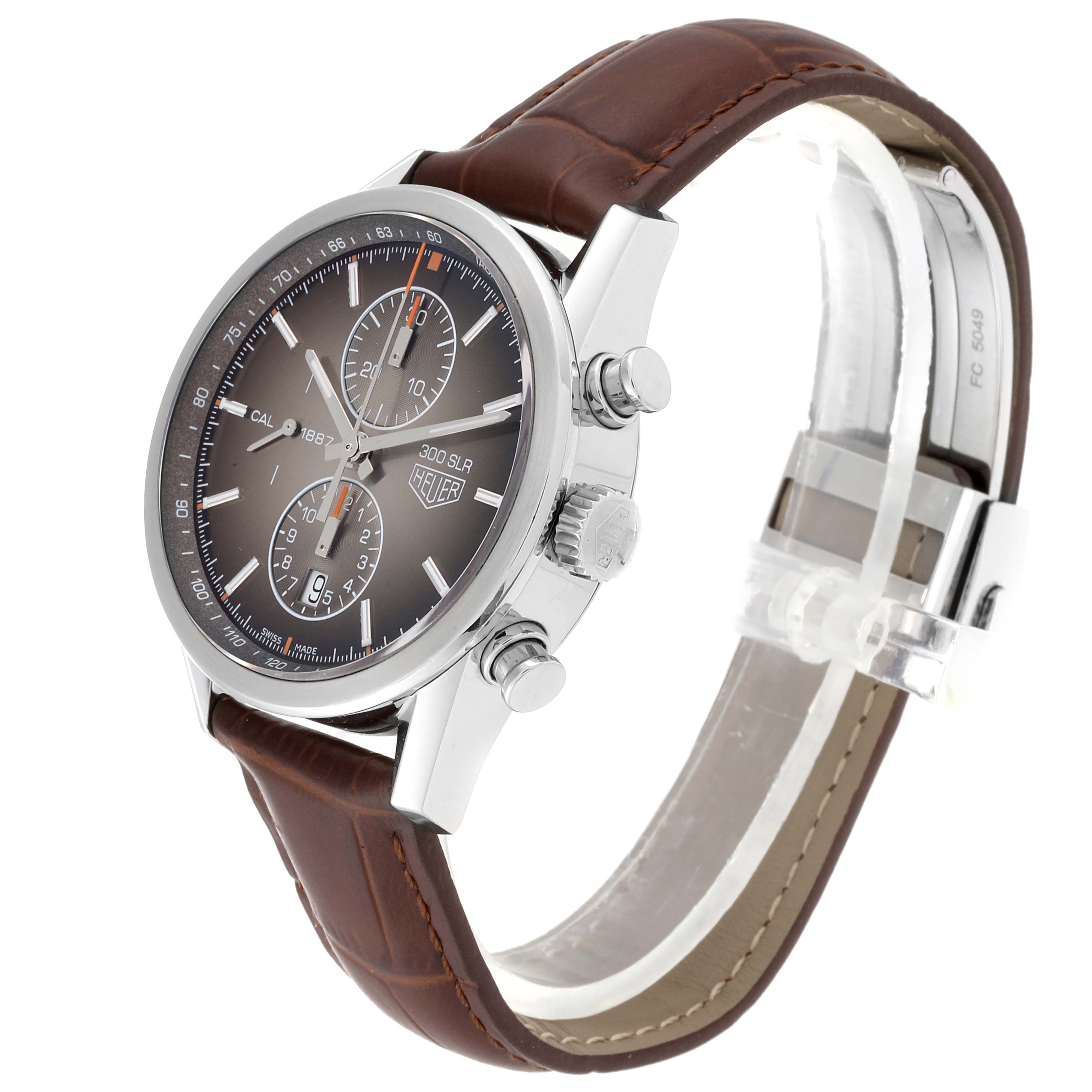 The image shows a side angle of a Carrera model Tag Heuer watch, highlighting the dial, crown, chronograph buttons, and leather strap.