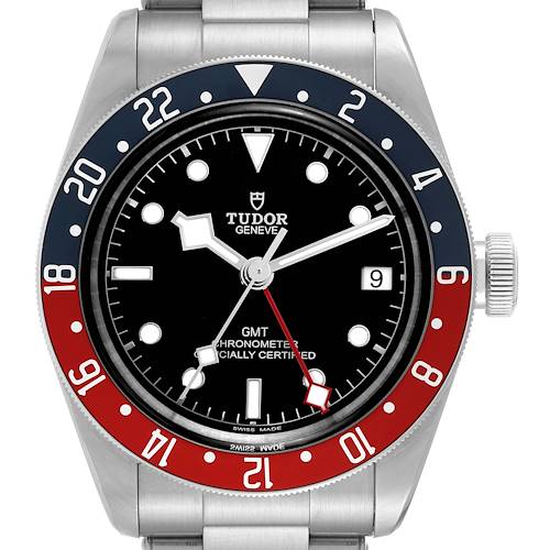 The image shows a front view of the Tudor Heritage Black Bay 79830RB Men's Stainless Steel Black Dial 79830RB Men's Stainless Steel Black Dial GMT watch, highlighting its dial, bezel, and stainless steel bracelet.