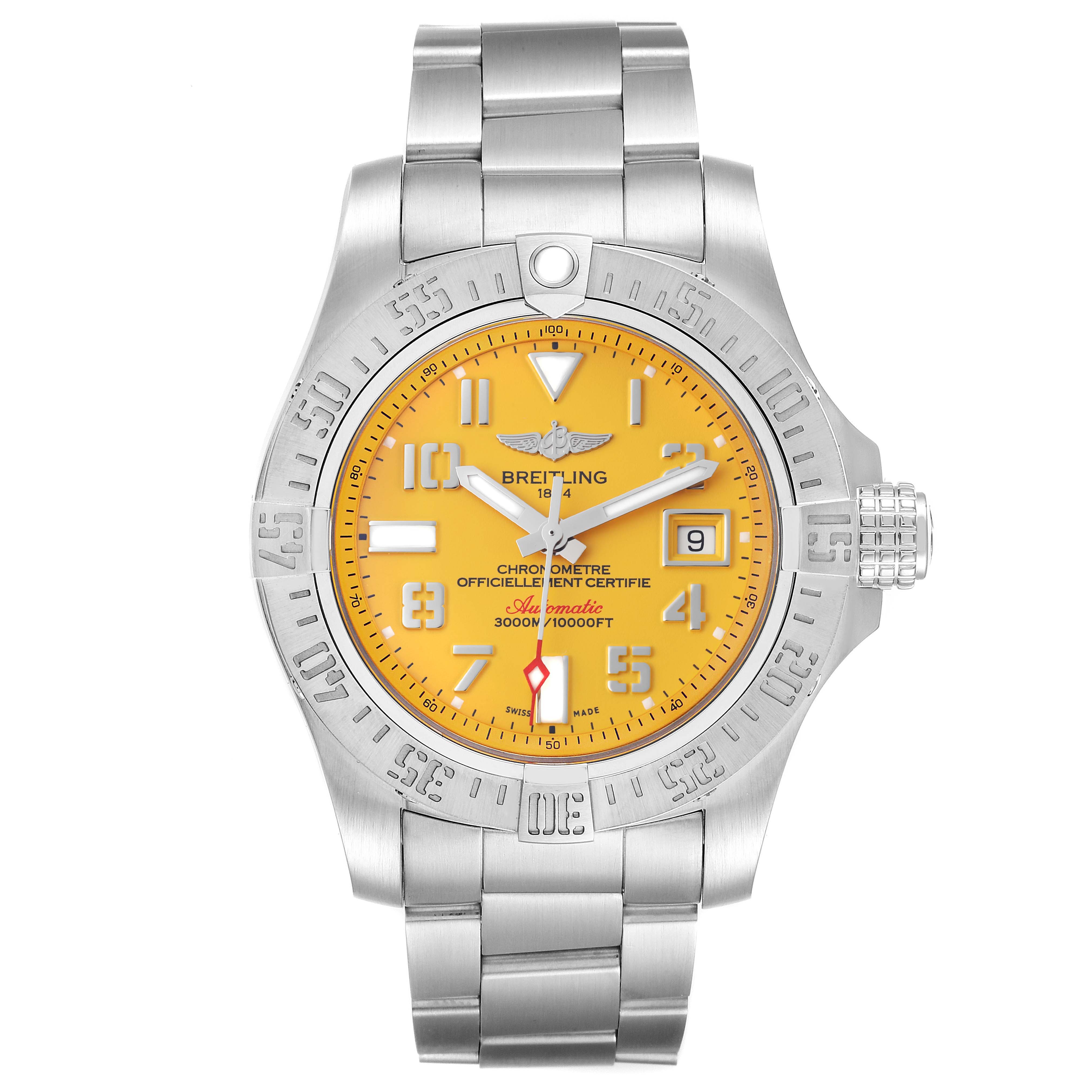 The Breitling Avenger A17331 Men's Stainless Steel Yellow Dial A17331 Men's Stainless Steel Yellow Dial watch is shown from the front, displaying its dial, bezel, and bracelet.