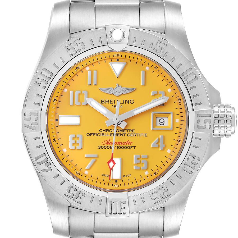 The image shows a front view of the Breitling Avenger A17331 Men's Stainless Steel Yellow Dial A17331 Men's Stainless Steel Yellow Dial's dial and bezel, with a yellow face and date window at 3 o'clock.