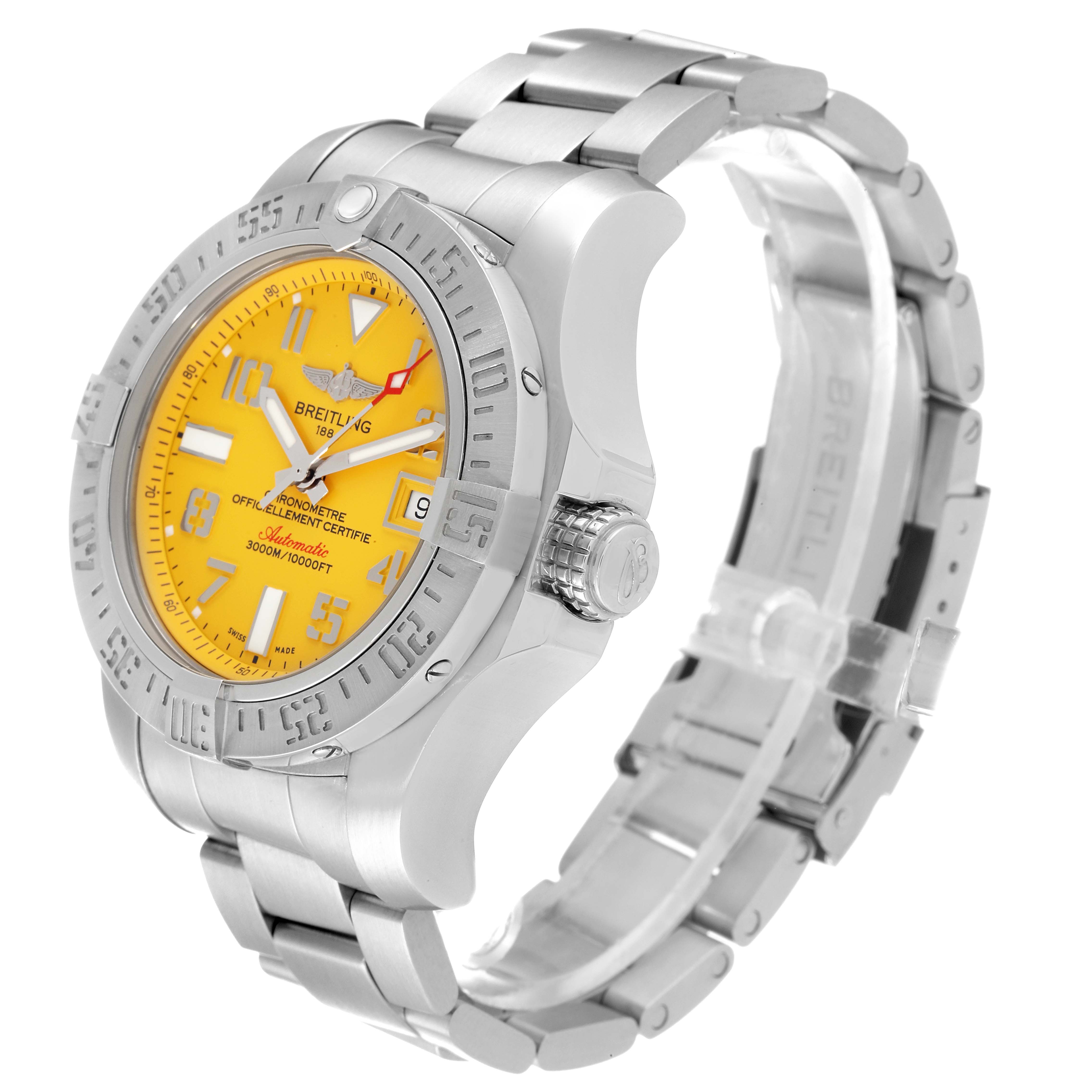 The Breitling Avenger A17331 Men's Stainless Steel Yellow Dial A17331 Men's Stainless Steel Yellow Dial watch is shown at a three-quarter angle, highlighting its yellow dial, bezel, crown, and stainless steel bracelet.