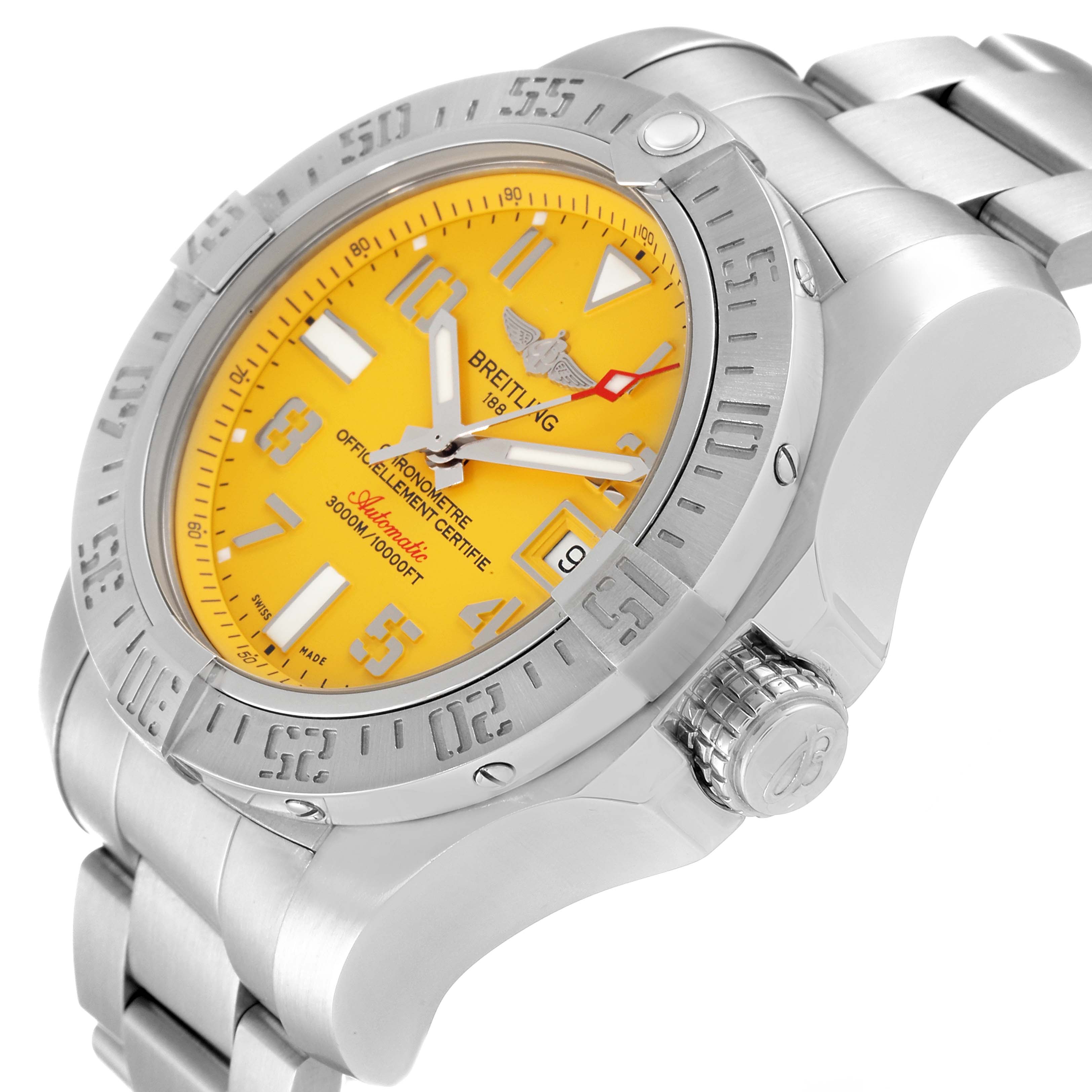 This image showcases the Breitling Avenger A17331 Men's Stainless Steel Yellow Dial A17331 Men's Stainless Steel Yellow Dial watch from an angled perspective, highlighting its yellow dial, bezel, crown, and bracelet.