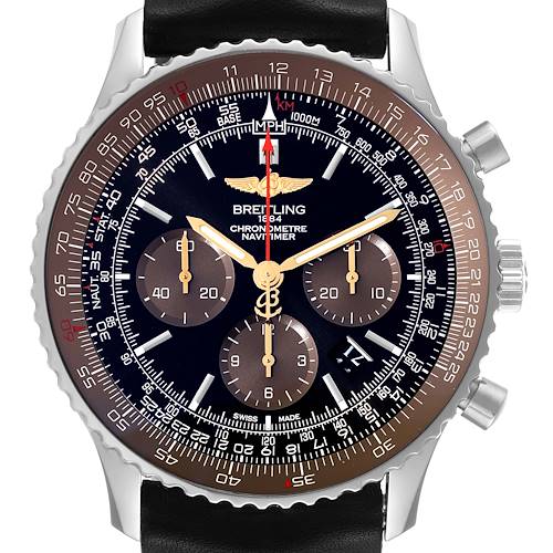 The image shows a close-up, front view of the Breitling Navitimer AB0127 Men's Stainless Steel Black Dial AB0127 Men's Stainless Steel Black Dial watch, highlighting the dial, subdials, and bezel.