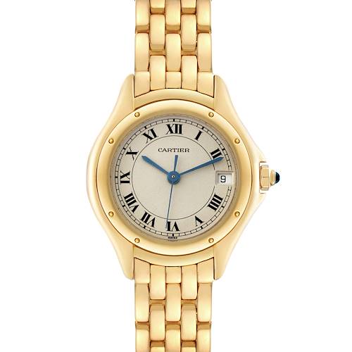This image shows a front view of the Cartier Panthere 887906 Women's Yellow Gold Silver Dial 887906 Women's Yellow Gold Silver Dial watch, highlighting its gold bracelet and analog dial.