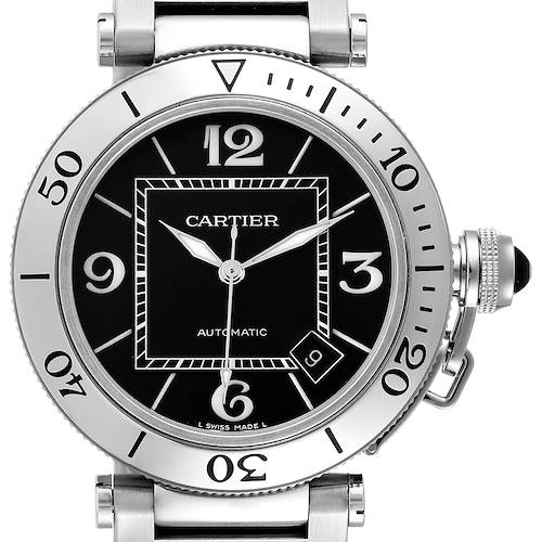 The image shows the front view of a Cartier Pasha W31077M7 Men's Stainless Steel Black Dial W31077M7 Men's Stainless Steel Black Dial watch, highlighting its black dial, crown, and bezel.