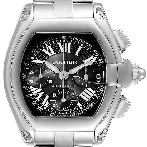 The image shows a Cartier Roadster W62007X6 Men's Stainless Steel Black Dial W62007X6 Men's Stainless Steel Black Dial watch in a front view, highlighting its detailed face, Roman numerals, and metallic bracelet.