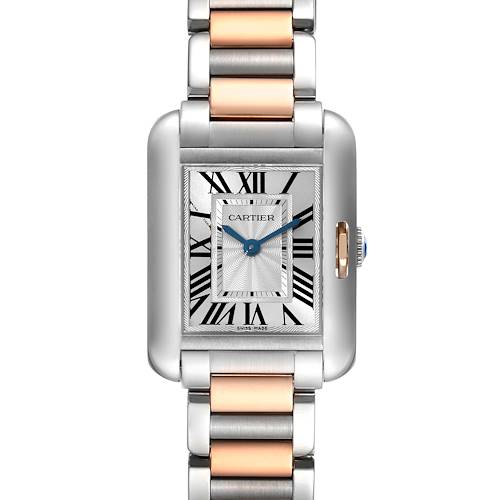 This is a front view of a Cartier Tank Anglaise W5310019 Women's Steel and Gold (two tone) Silver Dial W5310019 Women's Steel and Gold (two tone) Silver Dial watch, showing the face, bezel, and part of the metal and gold bracelet.