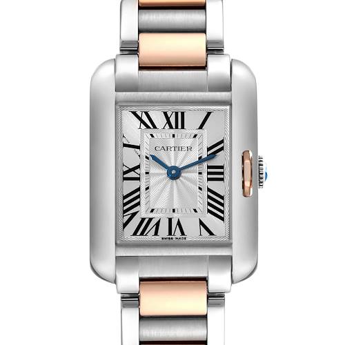 The image shows a front view of a Cartier Tank Anglaise 60888 Women's Steel and Gold (two tone) Silver Dial 60888 Women's Steel and Gold (two tone) Silver Dial watch, highlighting its rectangular face, Roman numerals, and two-tone bracelet.