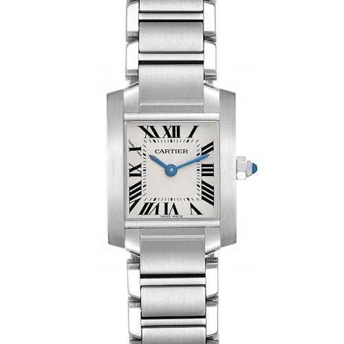 The image shows a frontal view of the Cartier Tank Francaise W51008Q3 Women's Stainless Steel Silver Dial W51008Q3 Women's Stainless Steel Silver Dial watch, highlighting its face, Roman numerals, and metallic bracelet.