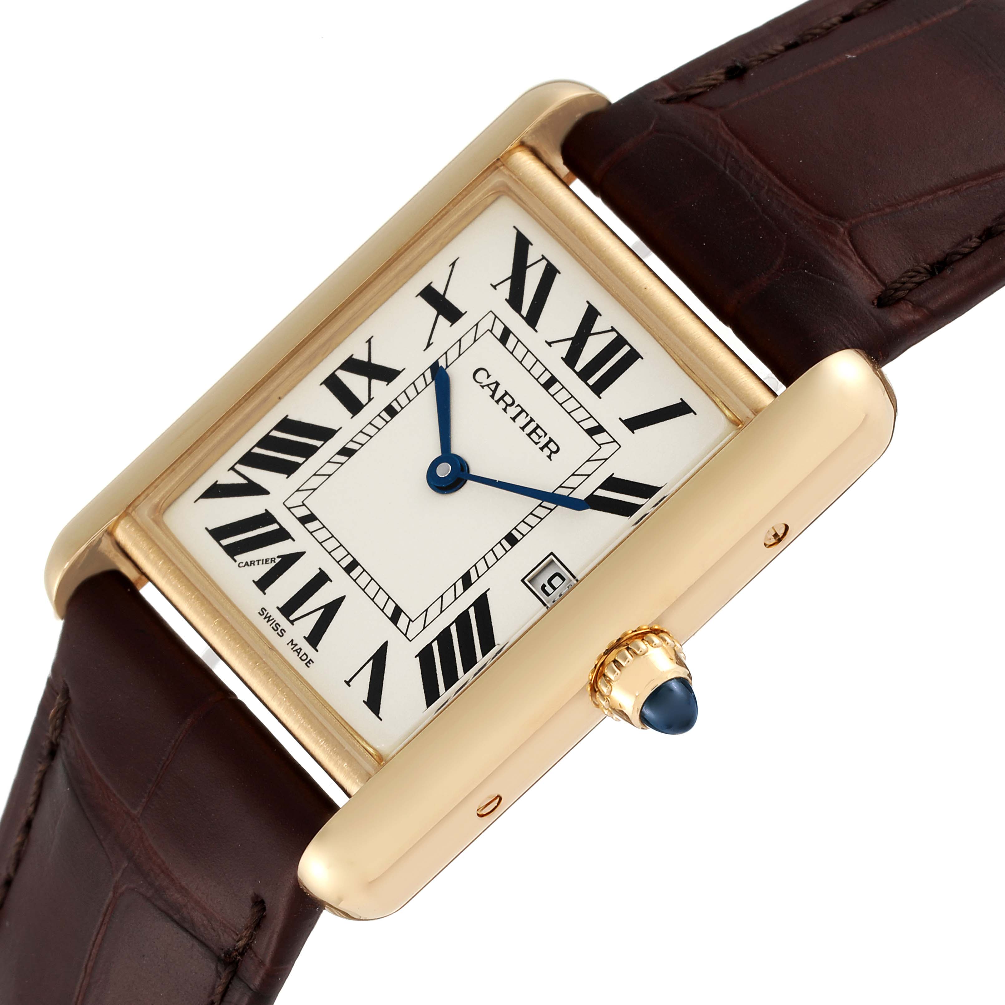 The image shows a Cartier Tank Louis W1529756 Men's Yellow Gold Silver Dial W1529756 Men's Yellow Gold Silver Dial watch's face and right side at an angle, highlighting the crown and leather strap.