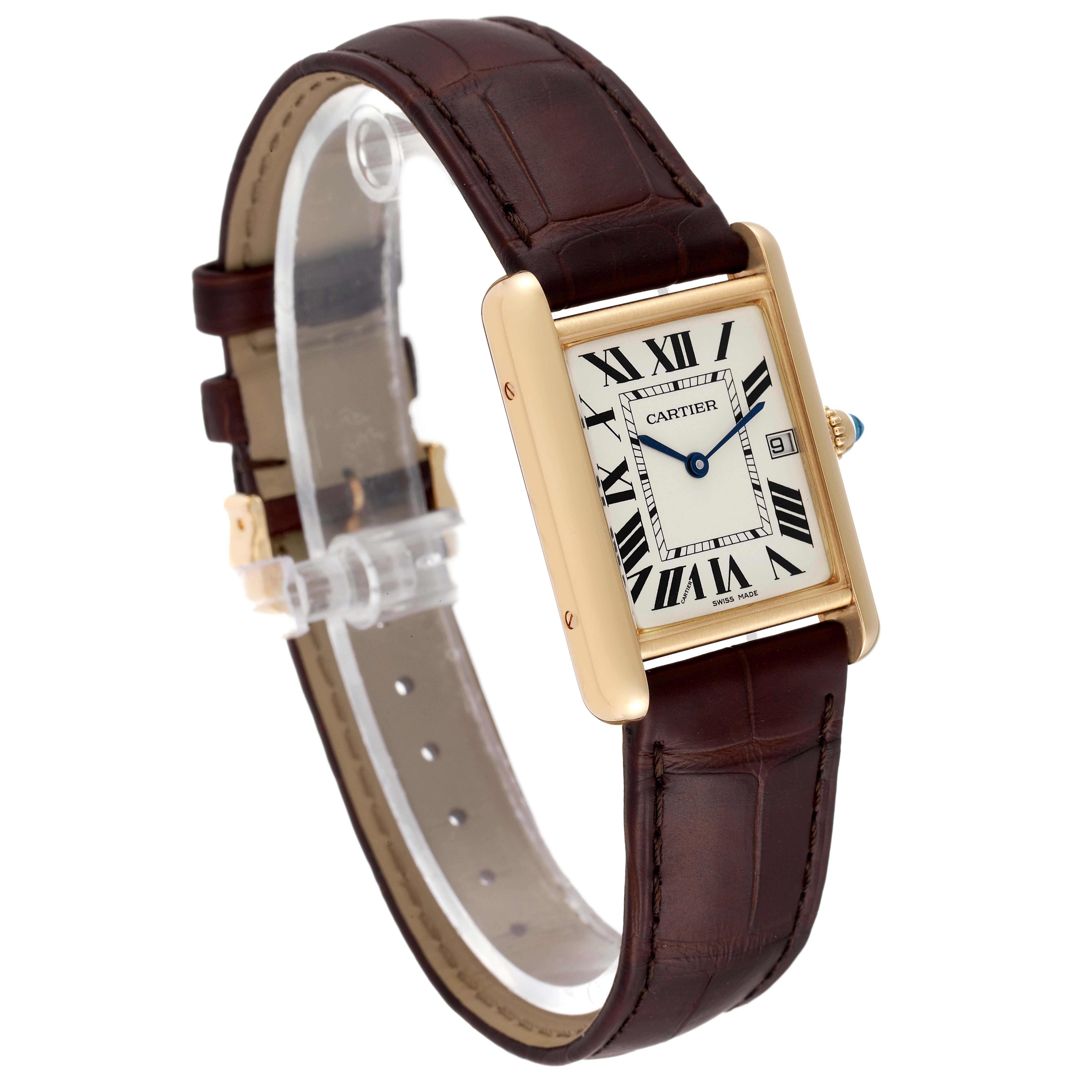 The image shows a Cartier Tank Louis W1529756 Men's Yellow Gold Silver Dial W1529756 Men's Yellow Gold Silver Dial watch with a gold rectangular case, brown leather strap, and Roman numeral dial from a side angle.