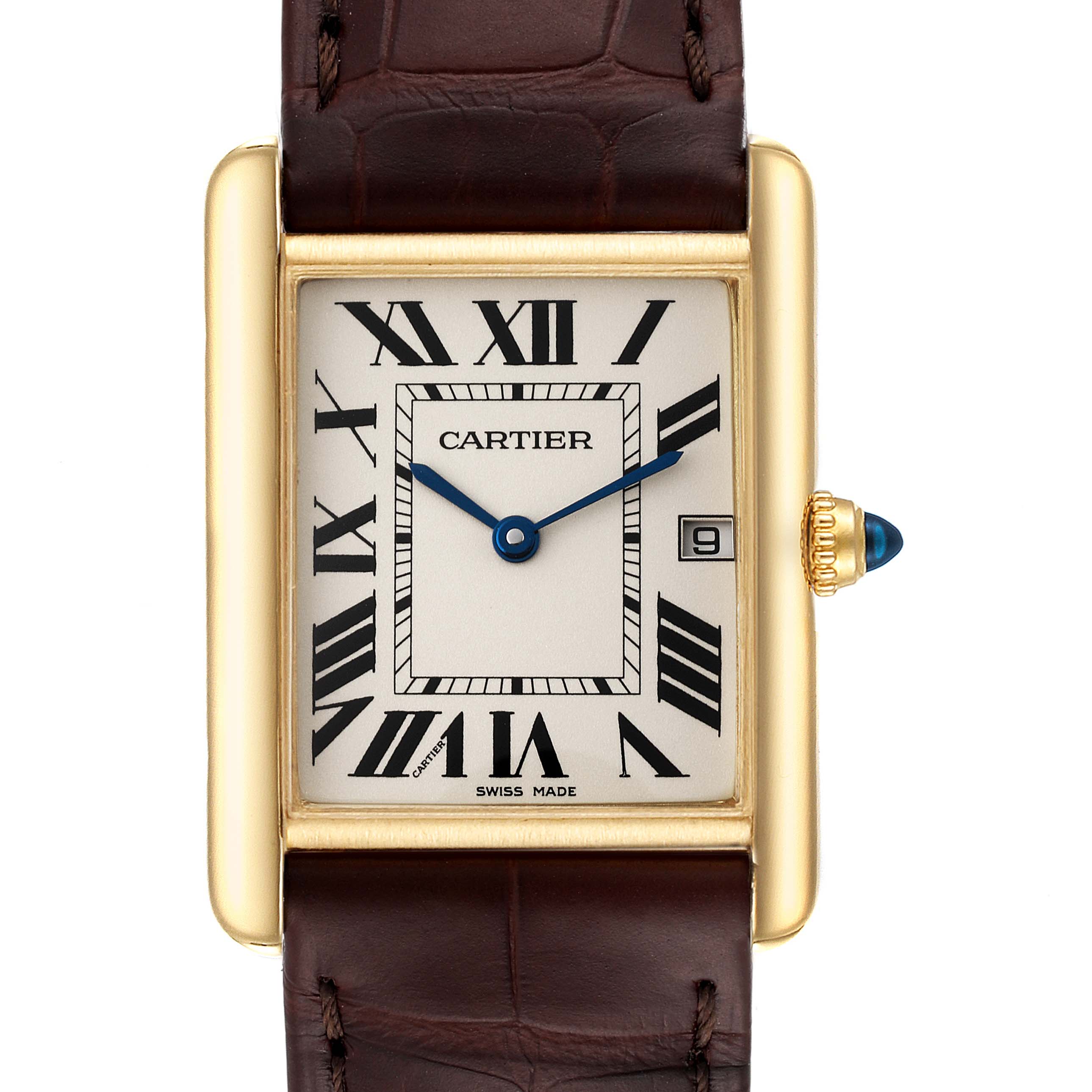 The image shows a frontal view of the Cartier Tank Louis W1529756 Men's Yellow Gold Silver Dial W1529756 Men's Yellow Gold Silver Dial model watch, highlighting its rectangular dial, brown leather strap, and blue-accented crown.