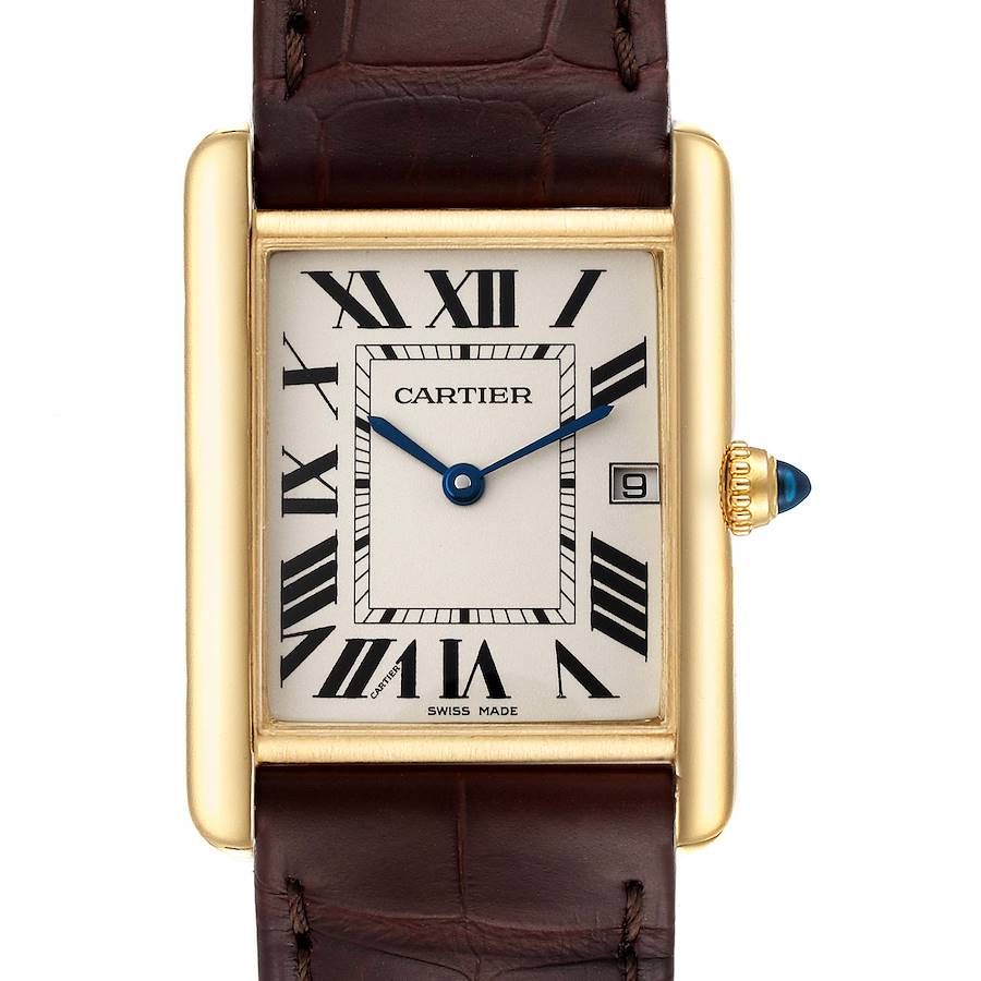 The image shows a frontal view of the Cartier Tank Louis W1529756 Men's Yellow Gold Silver Dial W1529756 Men's Yellow Gold Silver Dial model watch, highlighting its rectangular dial, brown leather strap, and blue-accented crown.