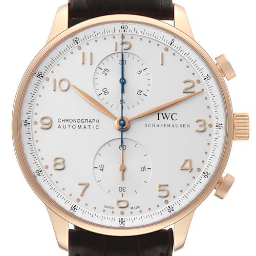 This is a front view of the IWC Portuguese IW371402 Men's Rose Gold Silver Dial IW371402 Men's Rose Gold Silver Dial Chronograph Automatic watch, showing the dial, hands, and chronograph subdials.