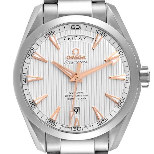 The image shows a front view of the Omega Aqua Terra 231.10.42.22.02.001 Men's Stainless Steel Silver Dial 231.10.42.22.02.001 Men's Stainless Steel Silver Dial Seamaster watch, highlighting the dial, hands, and date display.