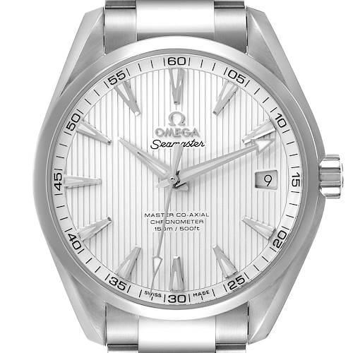 The image shows a front view of the Omega Seamaster Aqua Terra watch, displaying its face, hands, and part of the stainless steel bracelet.
