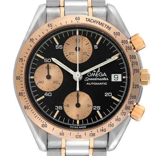 The image shows a front view of an Omega Speedmaster 3316.50 Men's Steel and Gold (two tone) Black Dial 3316.50 Men's Steel and Gold (two tone) Black Dial watch, highlighting its dial, date display, and tachymeter bezel.
