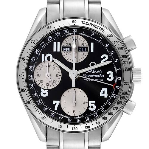 The Omega Speedmaster 3523.51.00 Men's Stainless Steel Black Dial 3523.51.00 Men's Stainless Steel Black Dial watch is shown from a front angle, displaying its black dial, sub-dials, tachymeter bezel, and stainless steel bracelet.