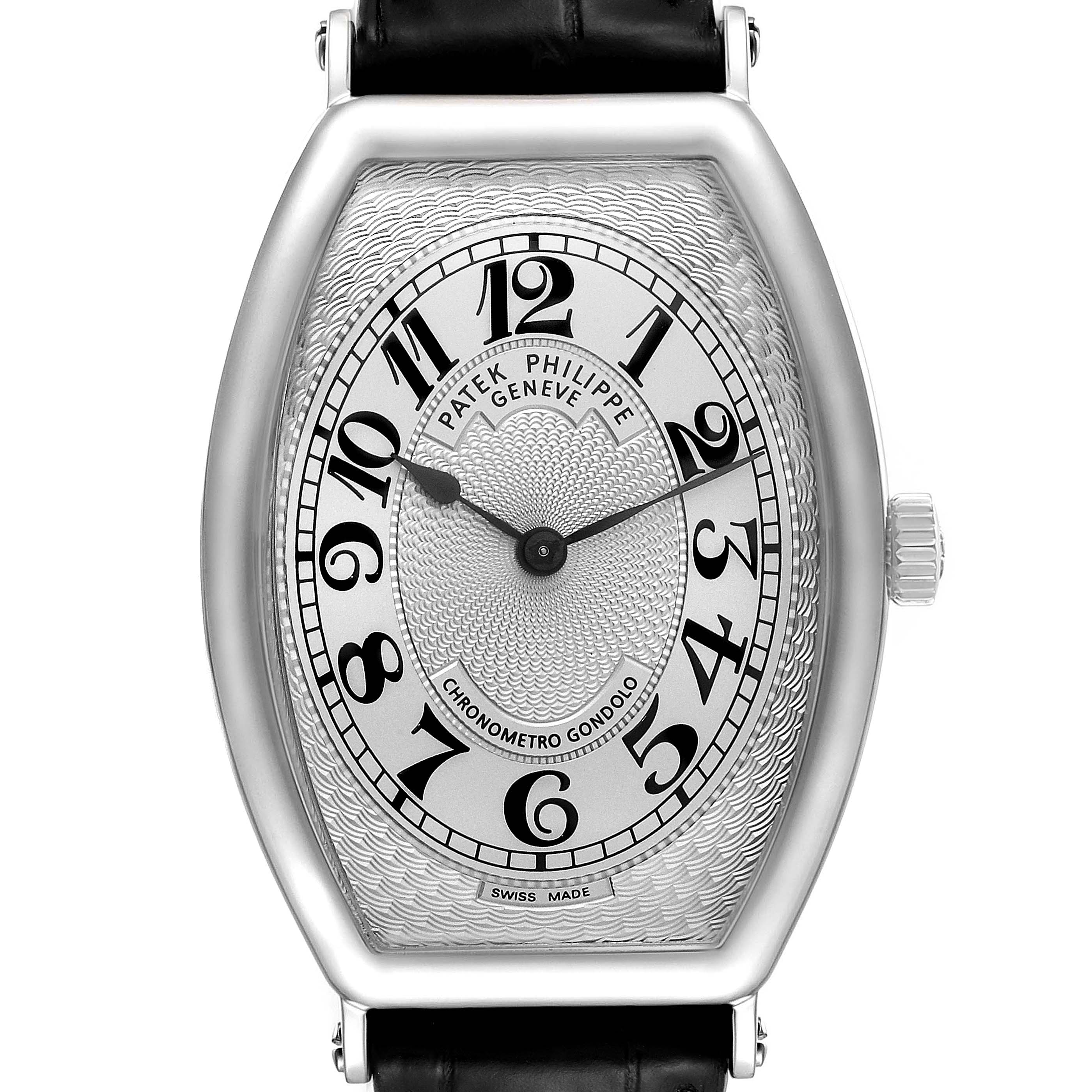 This image shows a front-facing view of the Patek Philippe Gondolo 5098P Men's Platinum Silver Dial 5098P Men's Platinum Silver Dial watch, highlighting its dial, hands, and crown.