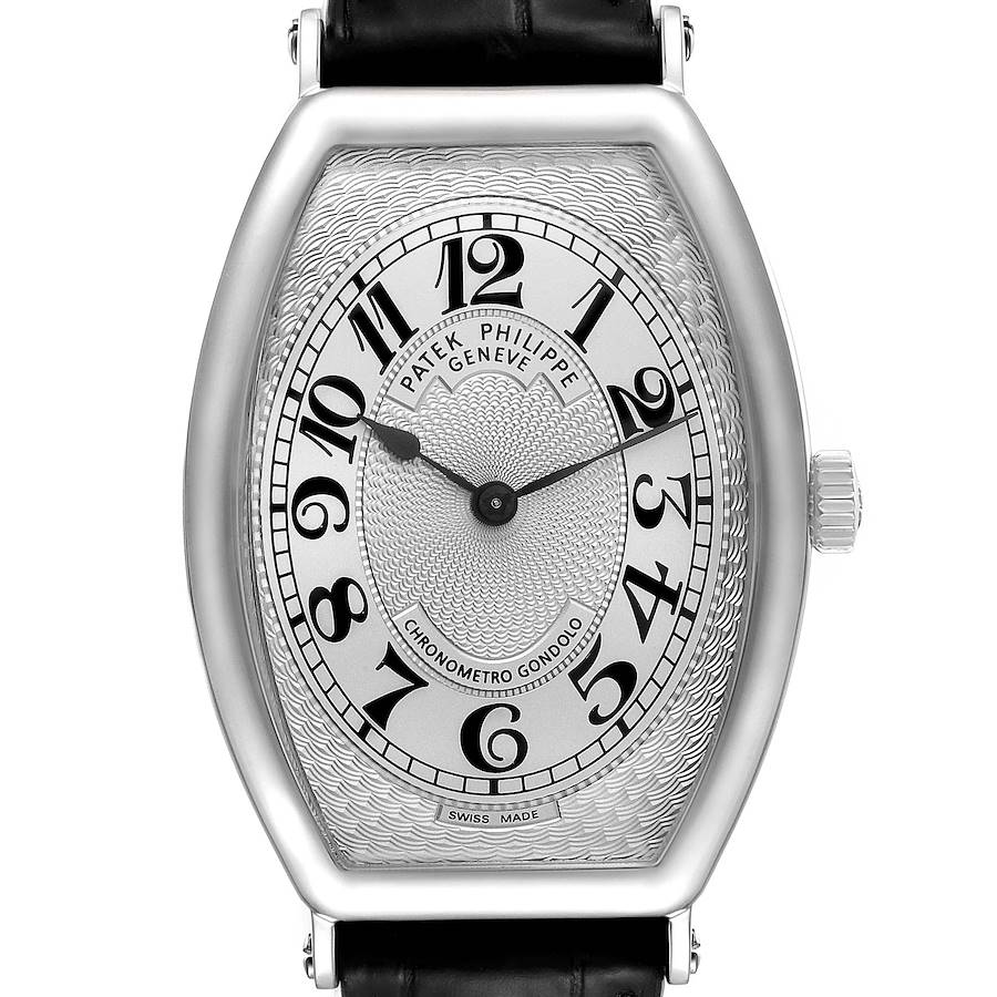 This image shows a front-facing view of the Patek Philippe Gondolo 5098P Men's Platinum Silver Dial 5098P Men's Platinum Silver Dial watch, highlighting its dial, hands, and crown.