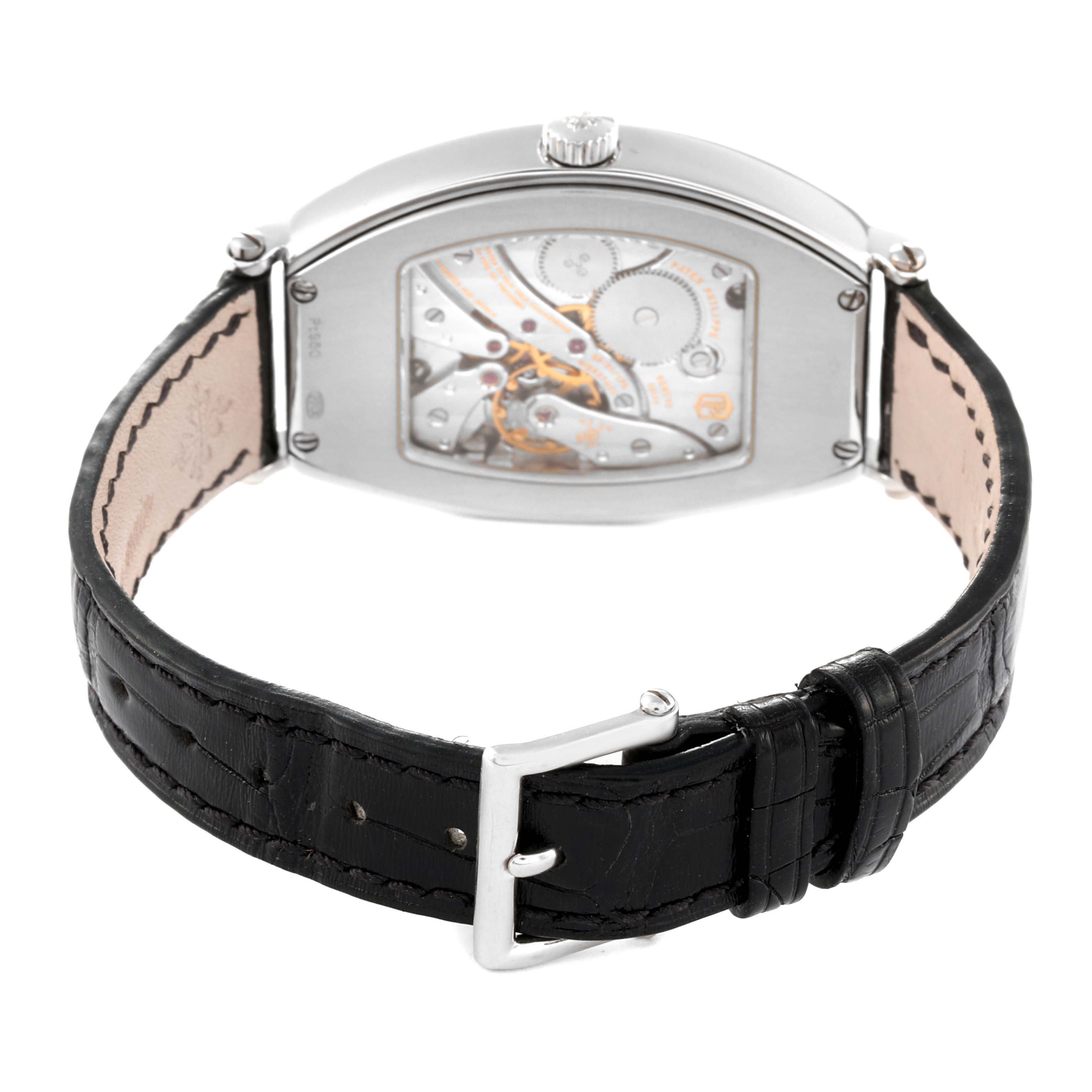 The image shows the back and strap of a Patek Philippe Gondolo 5098P Men's Platinum Silver Dial 5098P Men's Platinum Silver Dial watch, highlighting the visible mechanical movement and buckle.