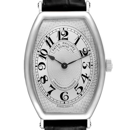 The image shows a front view of the Patek Philippe Gondolo 5098P Men's Platinum Silver Dial 5098P Men's Platinum Silver Dial watch, highlighting the dial, case, and crown.